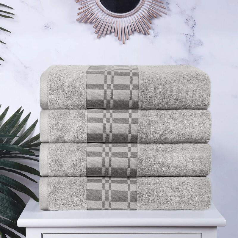 4-Piece Cotton Bath Towel Set with Geometric Border Design image number 1