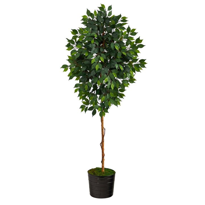 Nearly Natural 74-in Ficus Artificial tree in Black Tin Planter