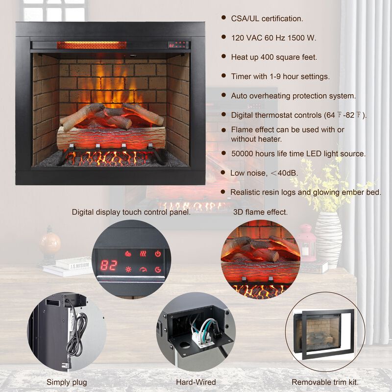 Mondawe 28 Inch Infrared Electric Fireplace with Removable Trim kit Insert, Touch Panel Home Decor Heater With Fire Cracking Sound