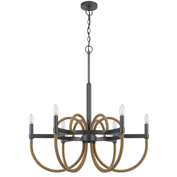 6-Light Candelabra Chandelier with Burlap Rope, Black Metal, 31 Inch