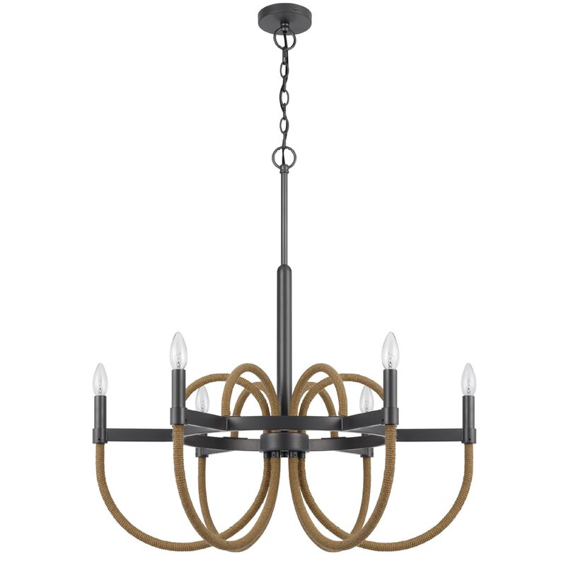 6-Light Candelabra Chandelier with Burlap Rope, Black Metal, 31 Inch image number 0