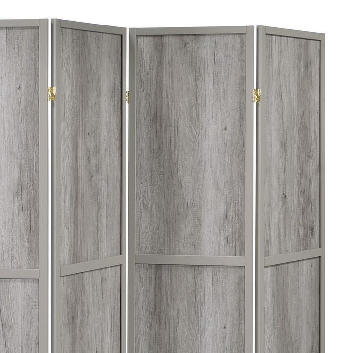 70 Inch Modern 4 Panel Folding Screen Room Divider, Rustic Gray Wood Finish-Benzara
