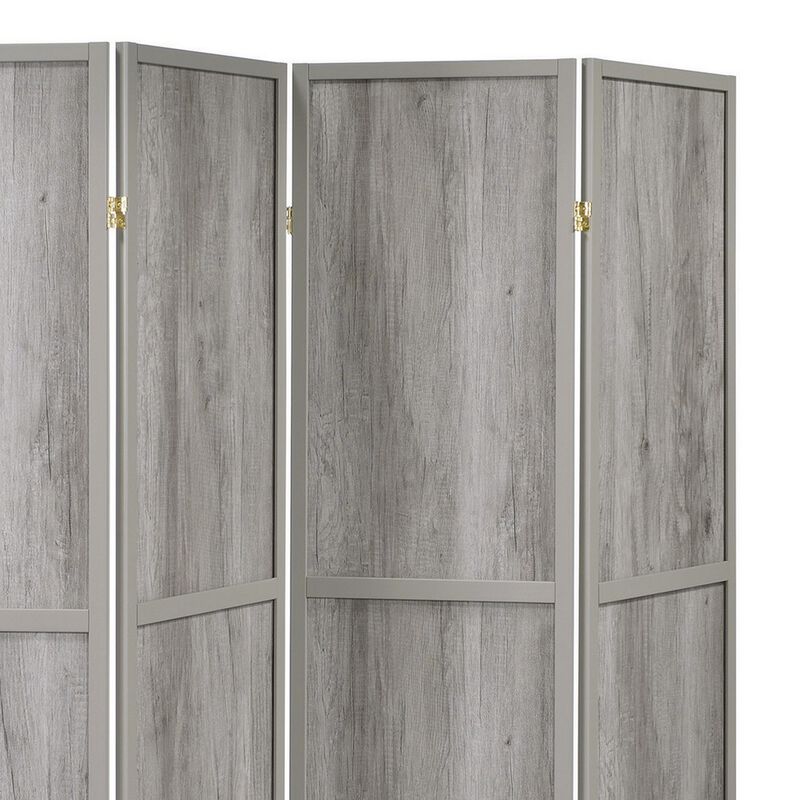 70 Inch Modern 4 Panel Folding Screen Room Divider, Rustic Gray Wood Finish - Benzara