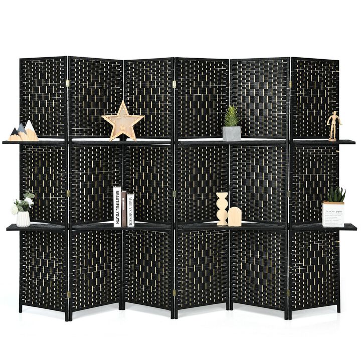 6 Panel Folding Weave Fiber Room Divider With 2 Display Shelves