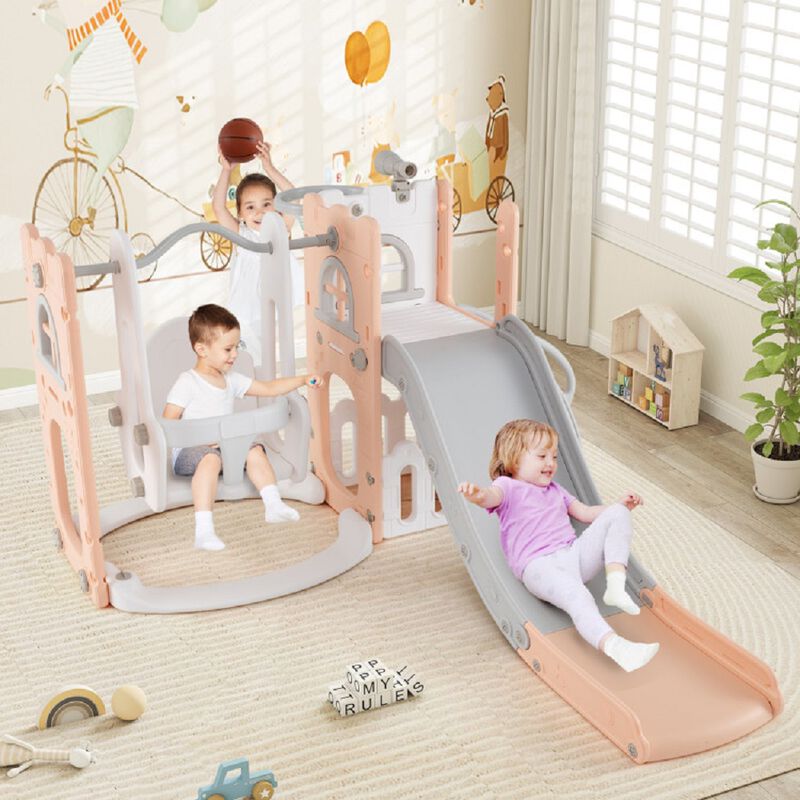 L Shaped 7 in 1 Toddler Swing Set with Slide, Ladder and Basketball Hoop image number 4