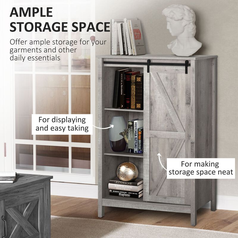 Accent Cabinet, Kictchen Cupboard Storage Cabinet, 3-Tier Organizer with Barn Door and Adjustable Shelf, Grey Oak