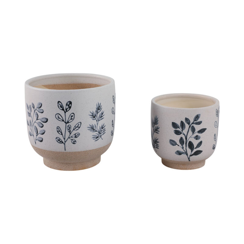 S/2 6/8" Hand Painted Leaves Planters, White/blue image number 2