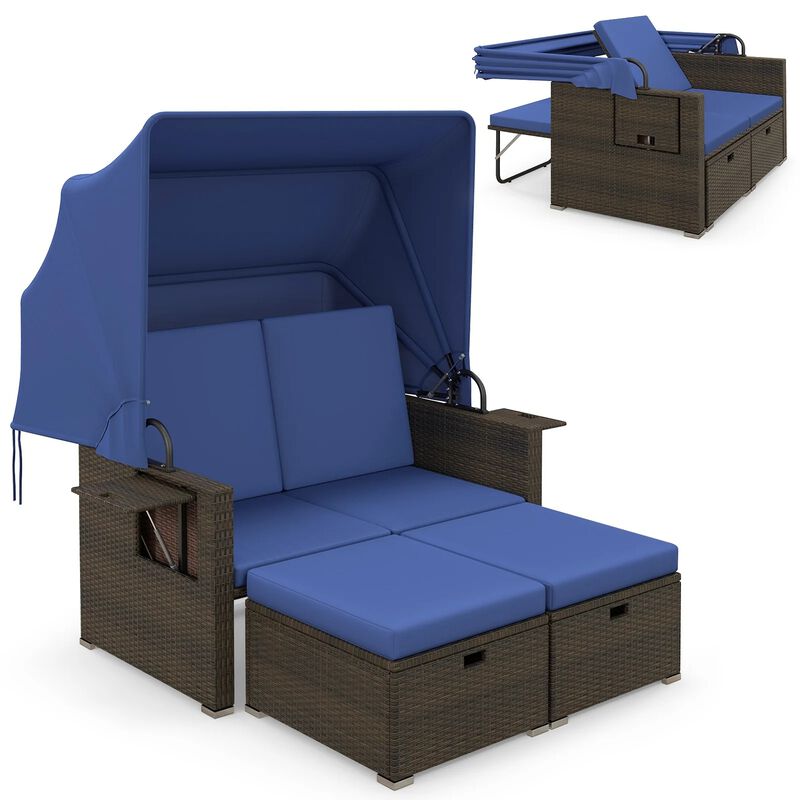 Mondawe Outdoor Patio Rattan Daybed with Retractable Canopy and Adjustable Backrests