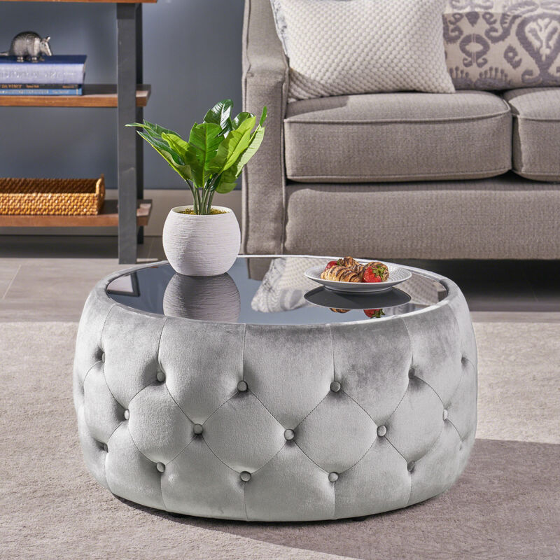 Streamdale Modern Glam Diamond Tufted Velvet Ottoman with Tempered Glass Top image number 2