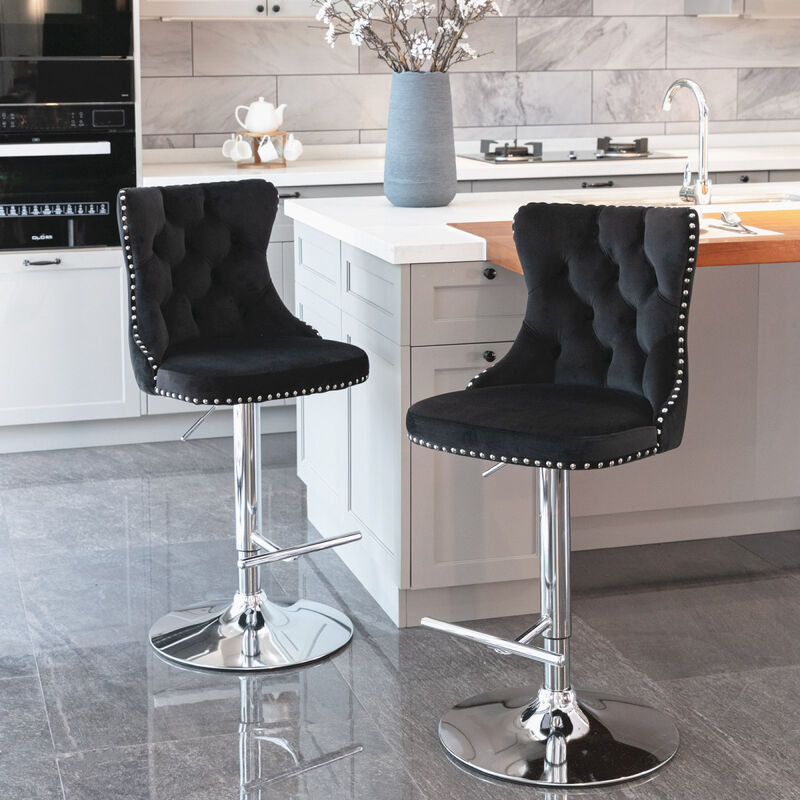 Swivel Velvet Bar Stools Adjustable Seat Height from 25-33 Inch, Modern Upholstered Chrome base Bar Stools with Backs Comfortable Tufted for Home Pub and Kitchen Island (Black, Set of 2)