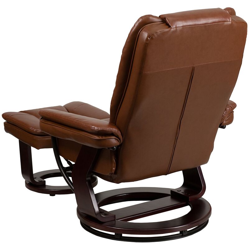 Flash Furniture Bali Contemporary Multi-Position Recliner with Horizontal Stitching and Ottoman with Swivel Mahogany Wood Base in Brown Vintage Leather