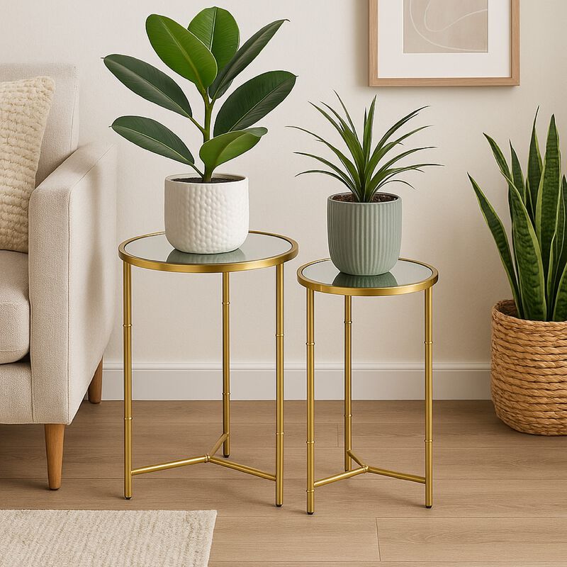 Modern Plant Stand Table Set of 2, Round Mirror Top, Gold Metal Base