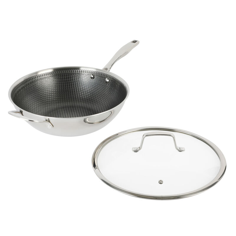 Kenmore Elite Luke 12 Inch Non-Stick Tri-Ply Stainless Steel Wok with Glass Lid
