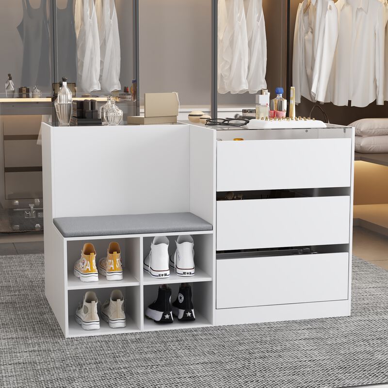 Armoire Bedroom Island Wardrobe Closet Island with 9 Drawers & Glass Tabletop, Island Dresser with Cushion Bench, Closet Island for Bedroom Cloakroom White (47.2&rdquo;W x 27.5&rdquo;W x 31.5&rdquo;H) image number 3