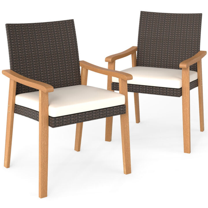 Set of 2 Outdoor Patio PE Rattan Dining Chairs with Acacia Wood Armrests and Cushion