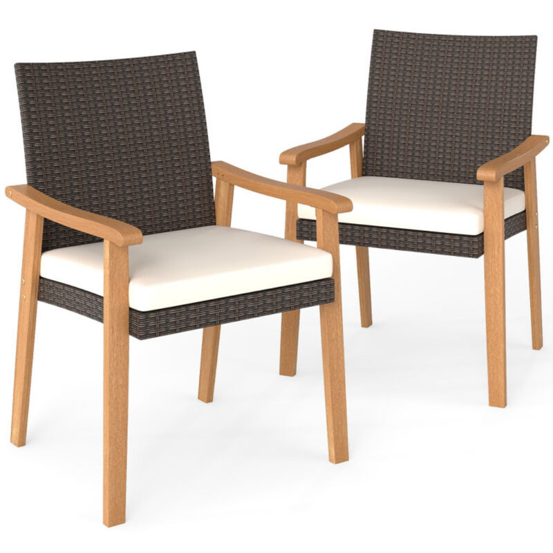 Set of 2 Outdoor Patio PE Rattan Dining Chairs with Acacia Wood Armrests and Cushion image number 0