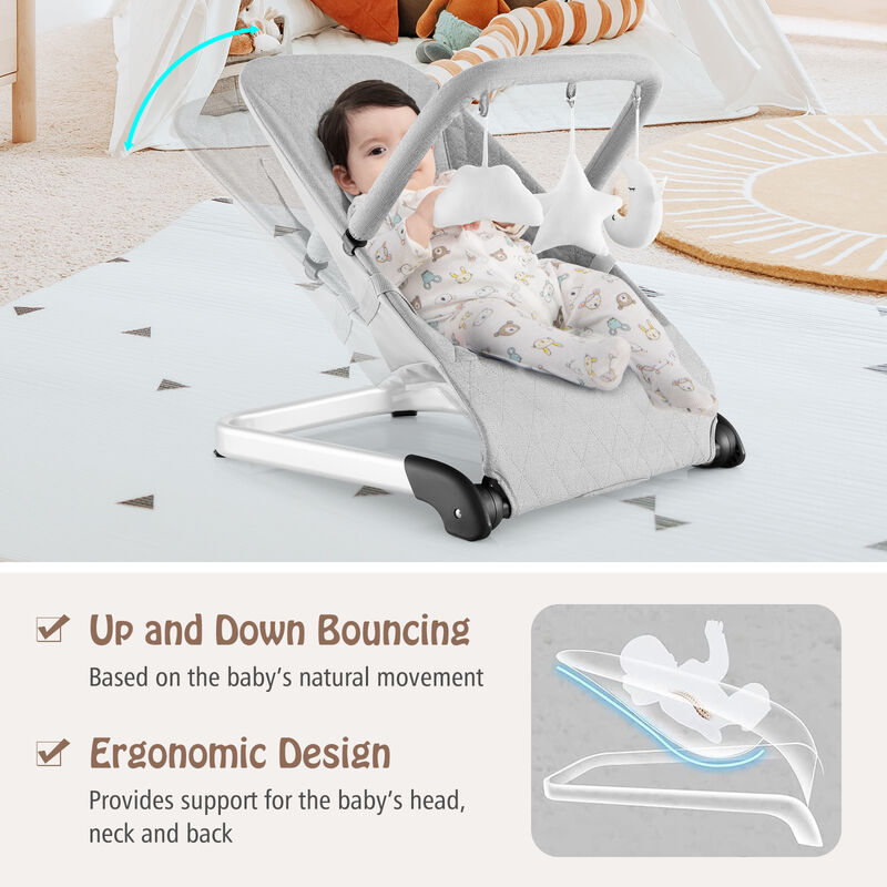 Foldable Baby Bouncer with Removable Fabric Cover and Toy Bar for Comfort and Entertainment