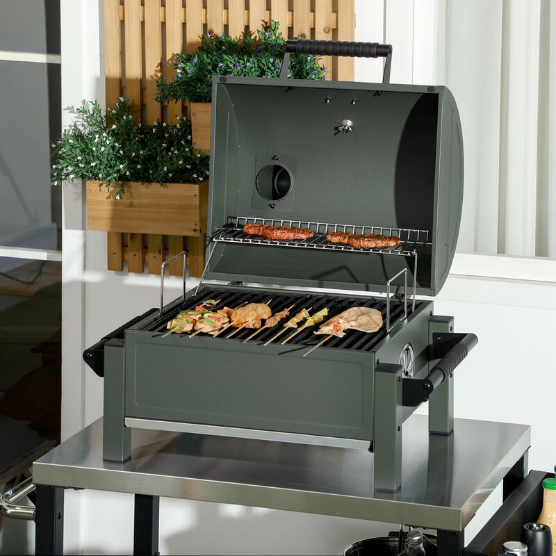 Outsunny Charcoal BBQ Grill with 235 sq.in. Cooking Area, Tabletop Outdoor Barbecue Smoker with Ash Catcher and Built-in Thermometer for Patio Backyard Camping Picnic, Dark Green