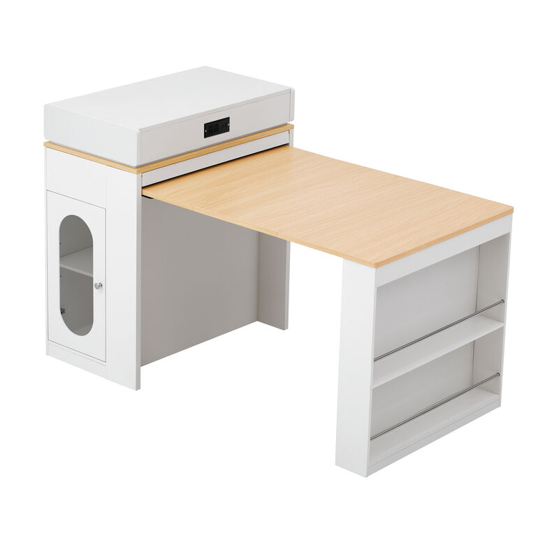 Whisen Extendable Dining Table 57.7"x32.7", Glass & MDF, w/Drawers, Power Outlet, Kitchen Island on Wheels image number 0