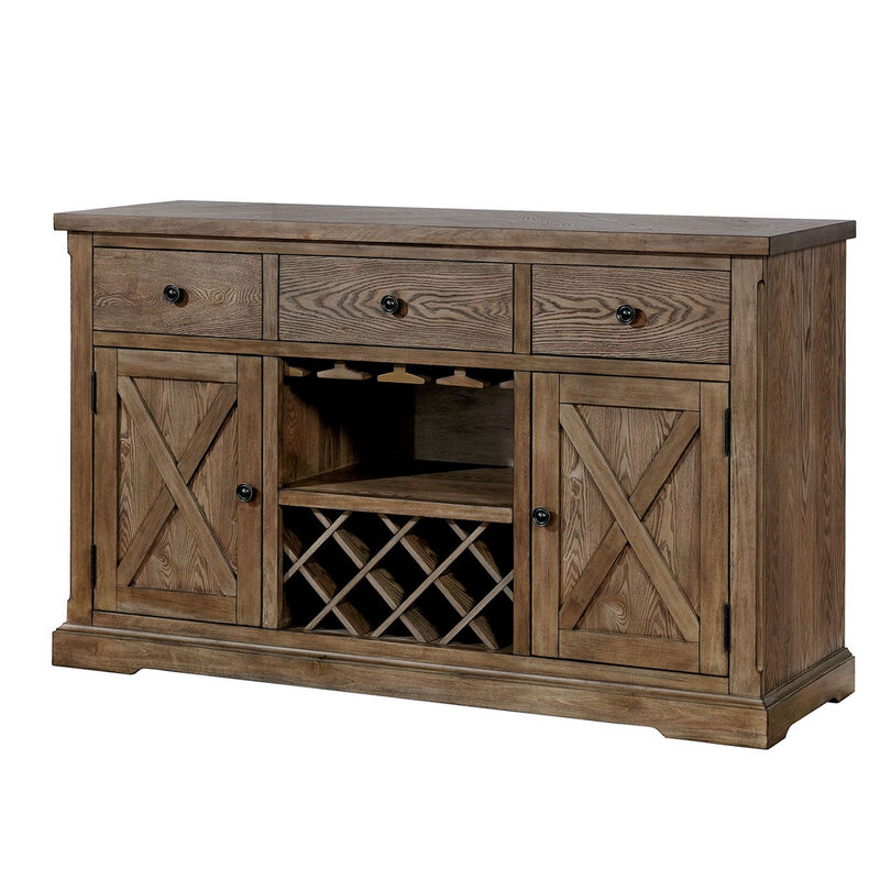 60 Inch Rustic Wood Server Buffet Cabinet Console, Wine Bar, Stemware, Oak