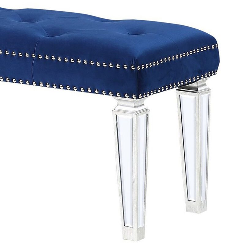 Bench with Button Tufted Seat and Mirrored Tapered Legs, Blue-Benzara image number 4