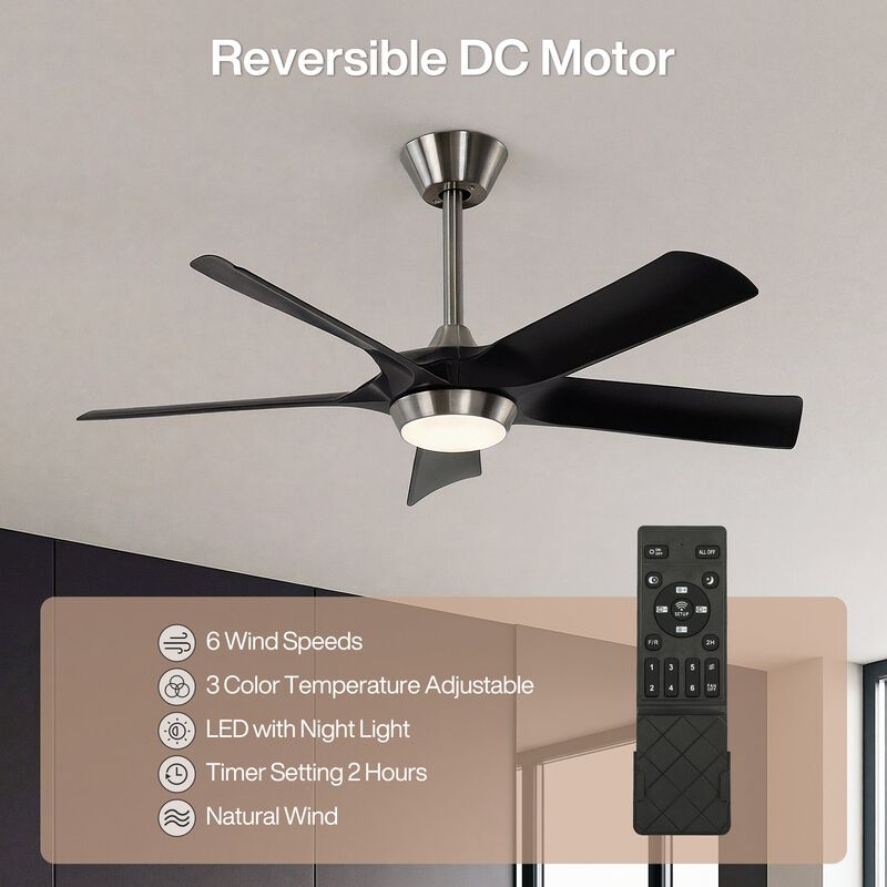 Black Ceiling Fan with Light and Remote, Five-Blade Dimmable LED DC Fan image number 9