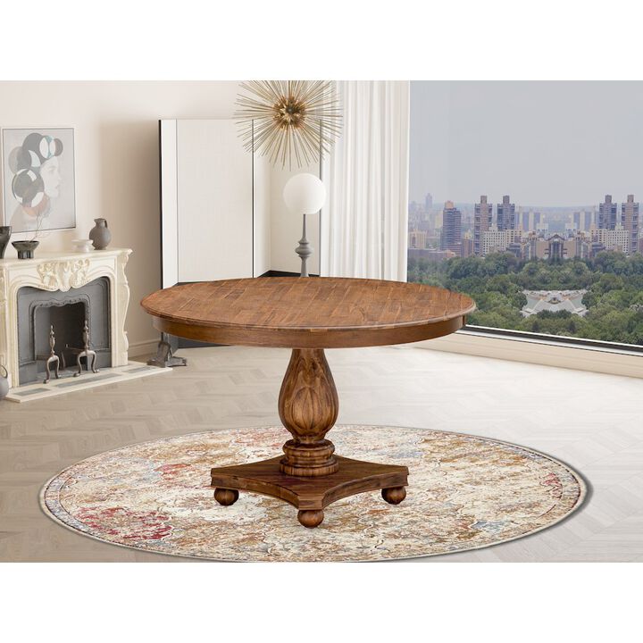 Round Dining Table with Pedestal, Rustic Rubberwood Table in Sandblasting Antique Walnut