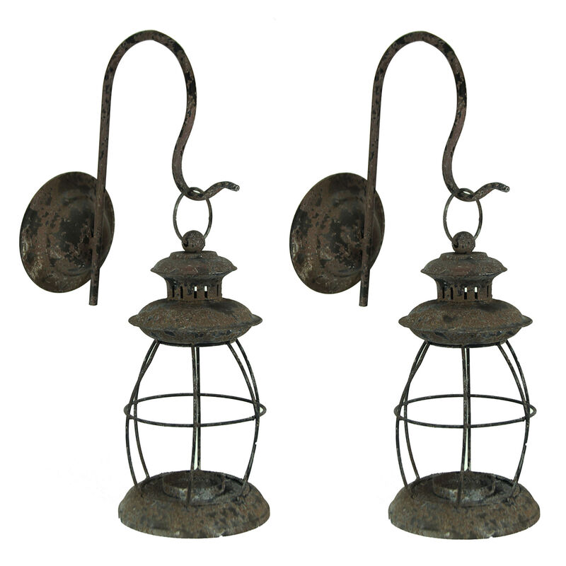 Set of 2 Distressed Black Wall-Mounted Metal Candle Sconces Lanterns image number 0