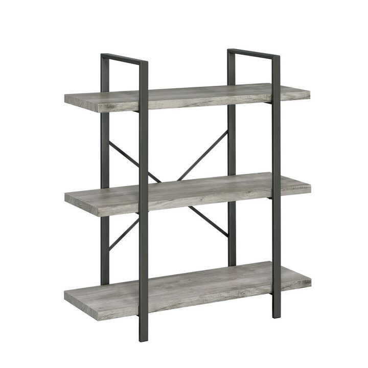 Ana 40 Inch Wood Bookcase, 3 Shelves, Crossed Metal Design, Light Gray - Benzara