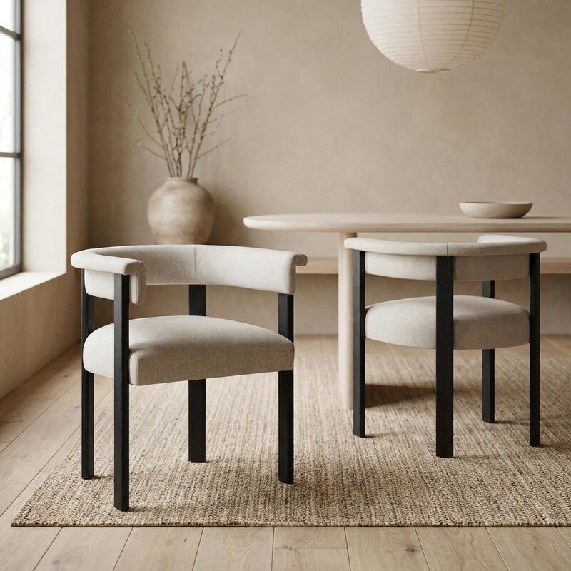 Fabric Upholstered Barrel Dining Chairs, Heathered Weave Ivory Black, Set of 2 image number 5