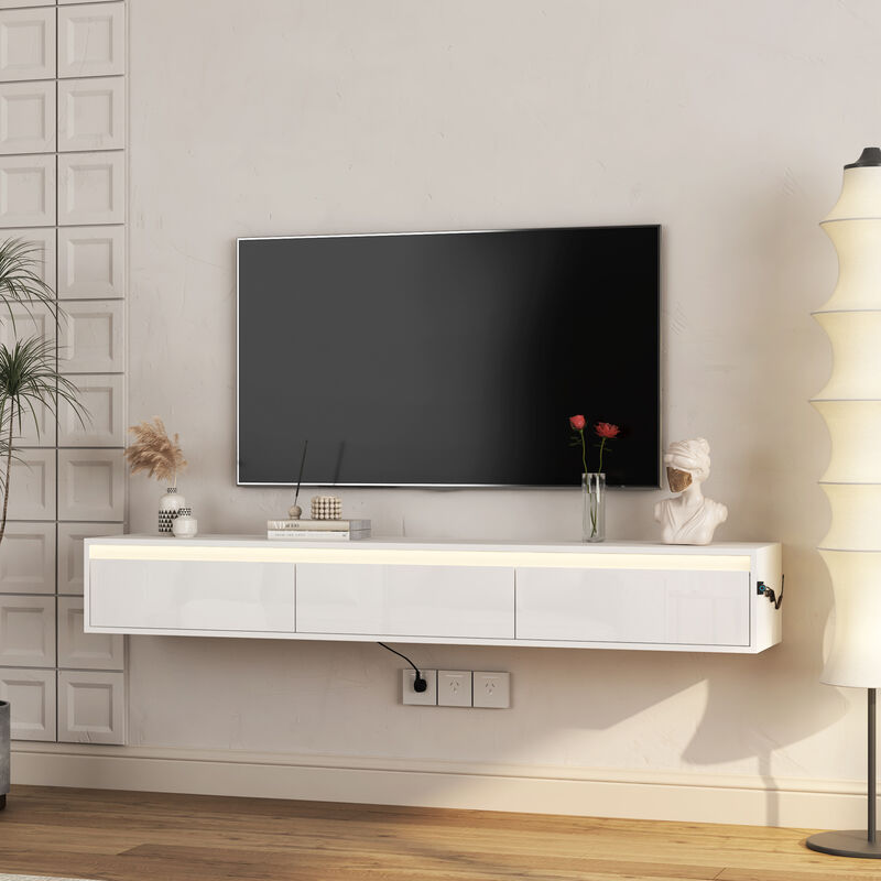 GOODSILO Floating TV Stand with LED Lights and Power Outlet, High Gloss Wall Mounted Storage Cabinet for Living Room Entertainment image number 3