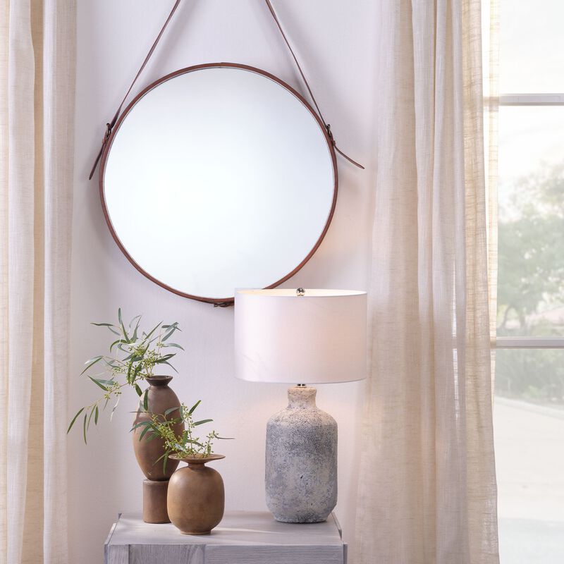 Large Round Steel Mirror, Brown Leather