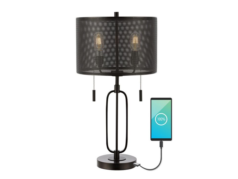 Hank 2-Light Industrial Farmhouse Iron LED Table Lamp with USB Charging Port