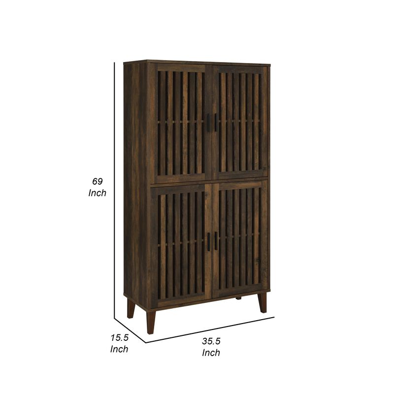69 Inch Tall Accent Cabinet, Vertical Slatted Design, Brown and Black  - Benzara