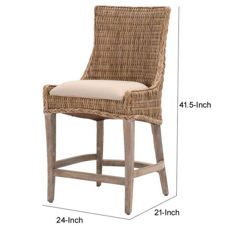 Wicker and Fabric Counter Stool with Wood Frame, Set of 2, Brown and Gray-Benzara