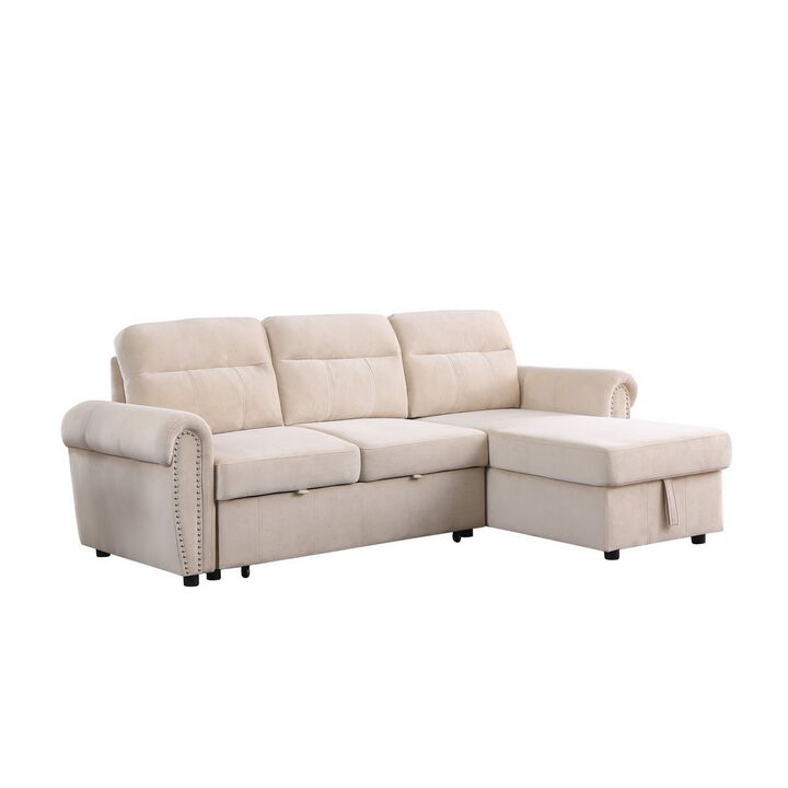 Irma 97 Inch 2 Piece Sectional Sofa, Pull Out Bed, Rolled Arm, Beige Velvet-Benzara