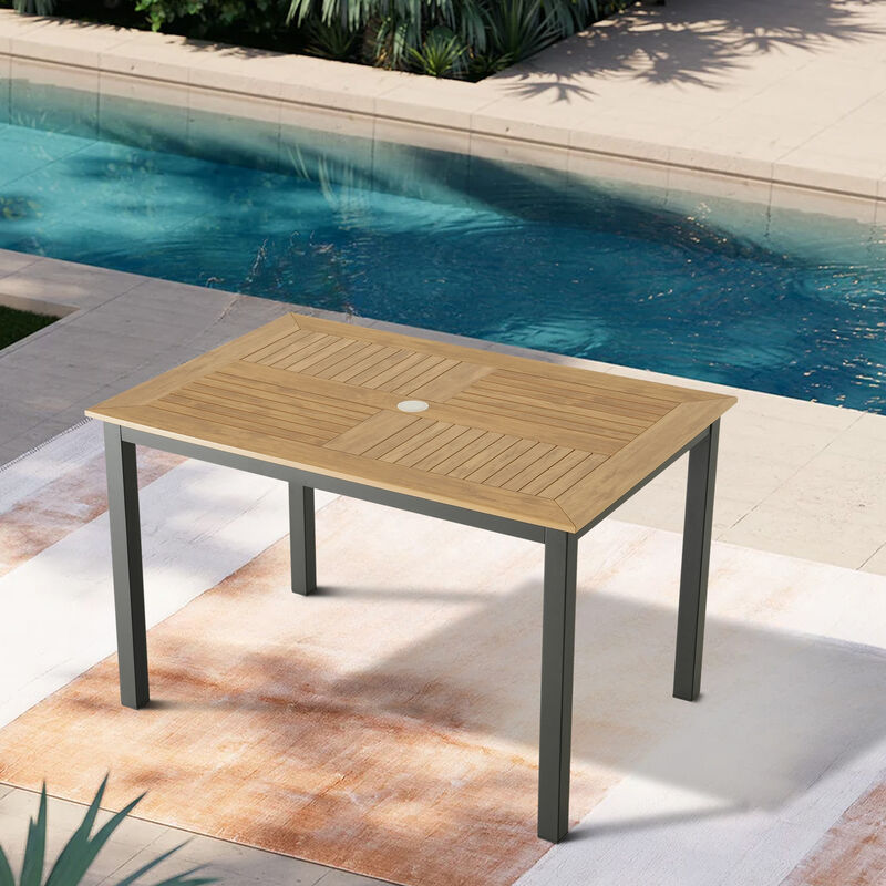 Light Wood Plastic Outdoor Dining Table, Slatted Top with Dark Gray Rust-Proof Metal Frame image number 1