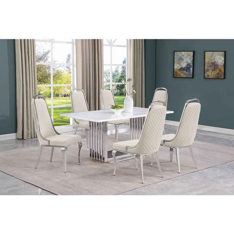7pc Small(68") marble top dining set with silver base and 6 Cream side chairs