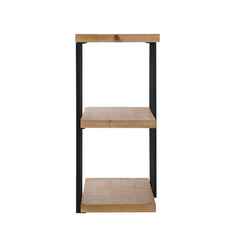 35 Inch 3 Tier Decorative Display Shelves, Black Iron, Fir Wood, Brown - Benzara