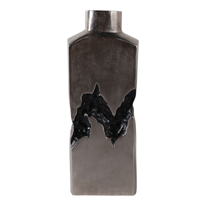 20x7" Carved Middle Metal Vase, Silver/ Black