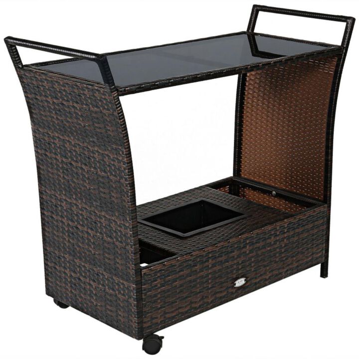 Hivvago Patio Rattan Bar Serving Cart with Glass Top and Handle