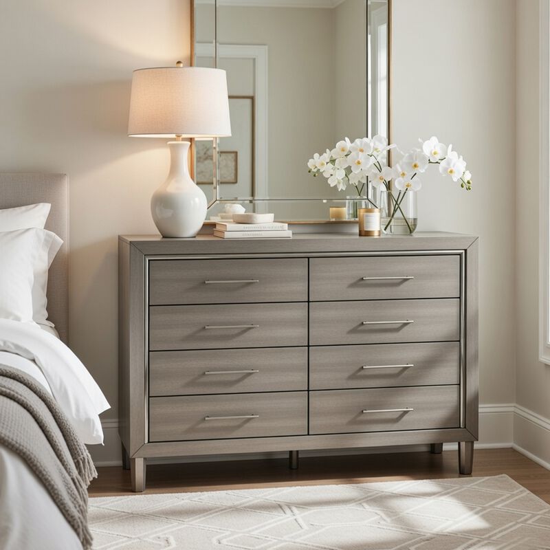 Levy 64 Inch Wide Dresser, 8 Drawers, Silver Trim, Ash Gray Laminate Wood image number 8