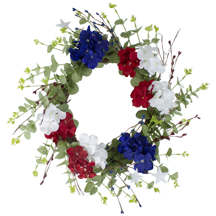 Red  white and Blue Hydrangea and Eucalyptus Patriotic Artificial Wreath