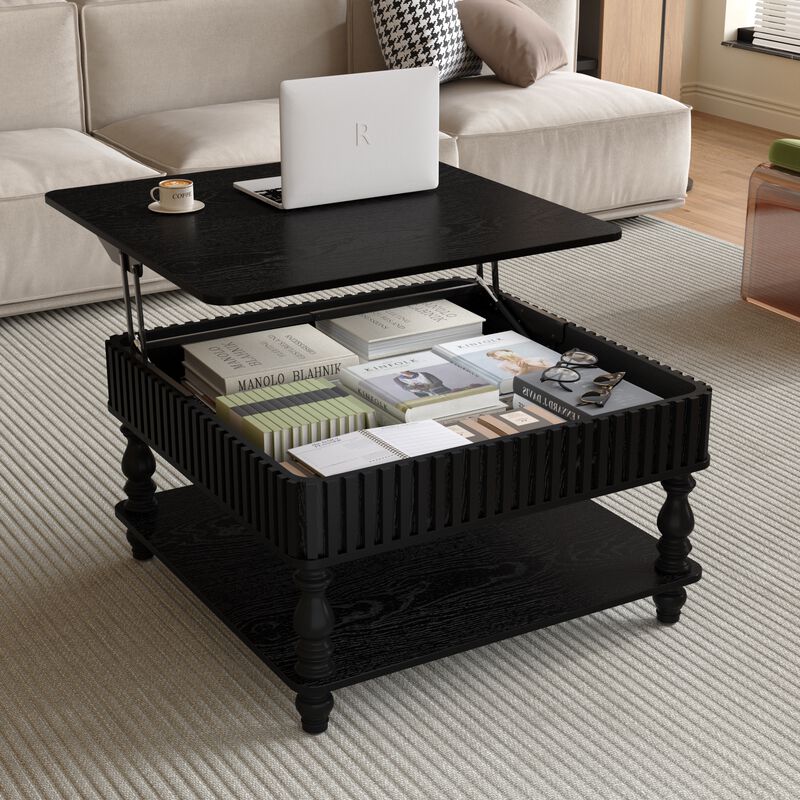 31.5 Inch Modern Square Lift-Top Coffee Table with Hidden Storage Tray, Fluted Wood Design, Wooden Living Room Center Table image number 3