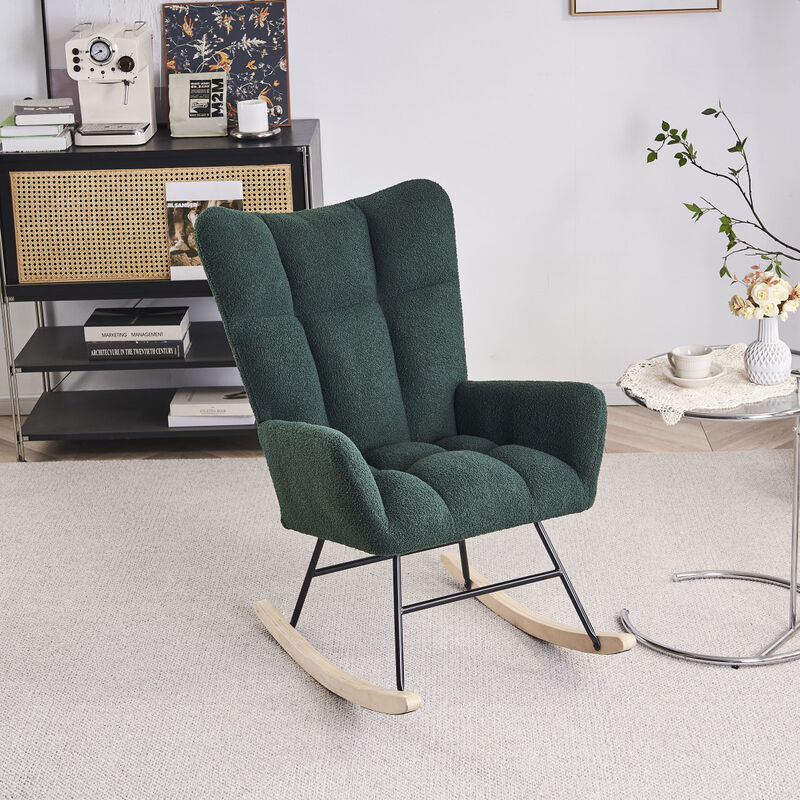 Rocking Chair Nursery, Solid Wood Legs Reading Chair with Teddy Fabric Upholstered, Nap Armchair for Living Rooms, Bedrooms, Offices, Best Gift, Emerald Teddy fabric