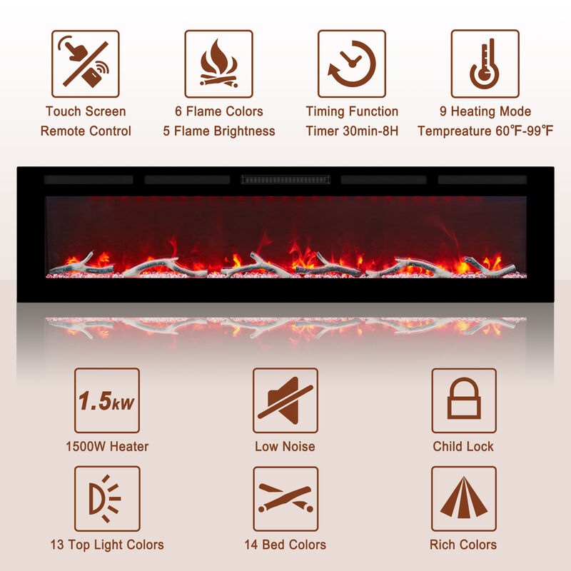 MONDAWE 72" Wall-Mounted Recessed Electric Fireplace 4780 BTU Heater with Remote Control Adjustable Flame Color & Temperature Setting