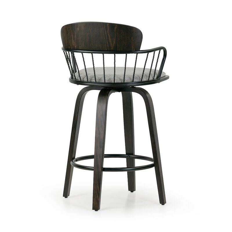 Glamour Home Set of 2 Baker Gray Fabric Counter Stool with Black Iron Back and Wood Legs