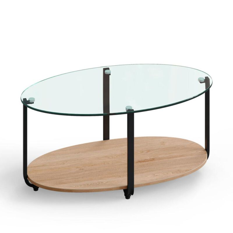Hivvago 2-Tier Glass-Top Oval Coffee Table with Wooden Shelf for Living Room