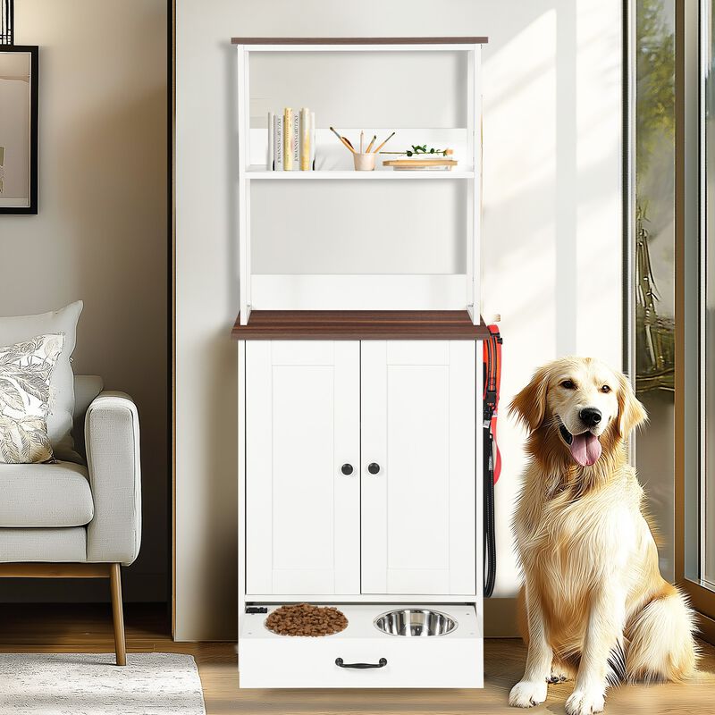 Pet Feeding Station with Bowls,Station with Storage,Dogs Cats feeding station with 2-level shelving image number 7