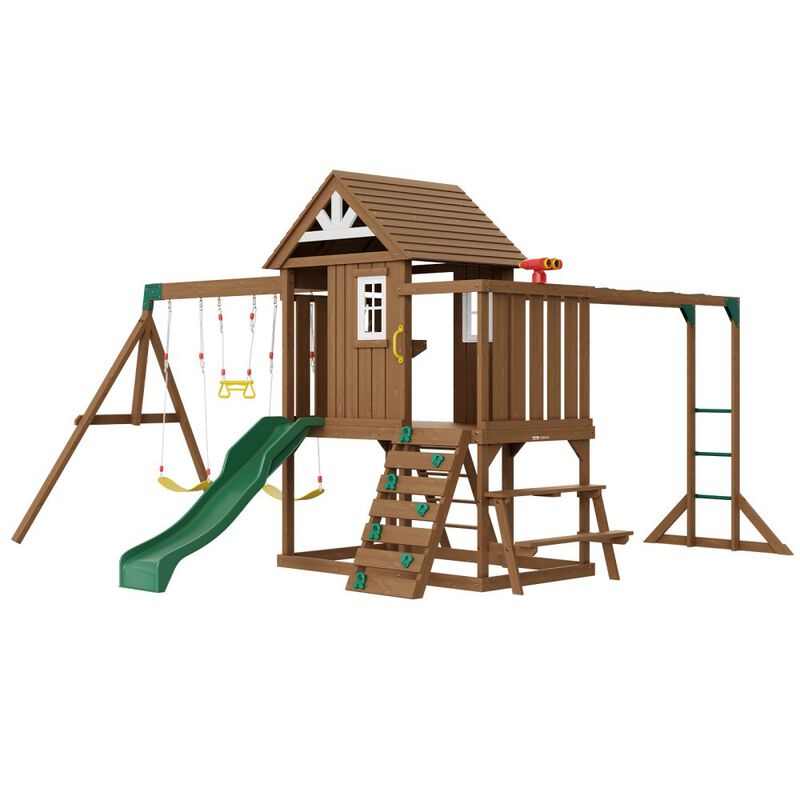 Wooden Swing Set with Slide and Upper Fort for Backyard Outdoor Play